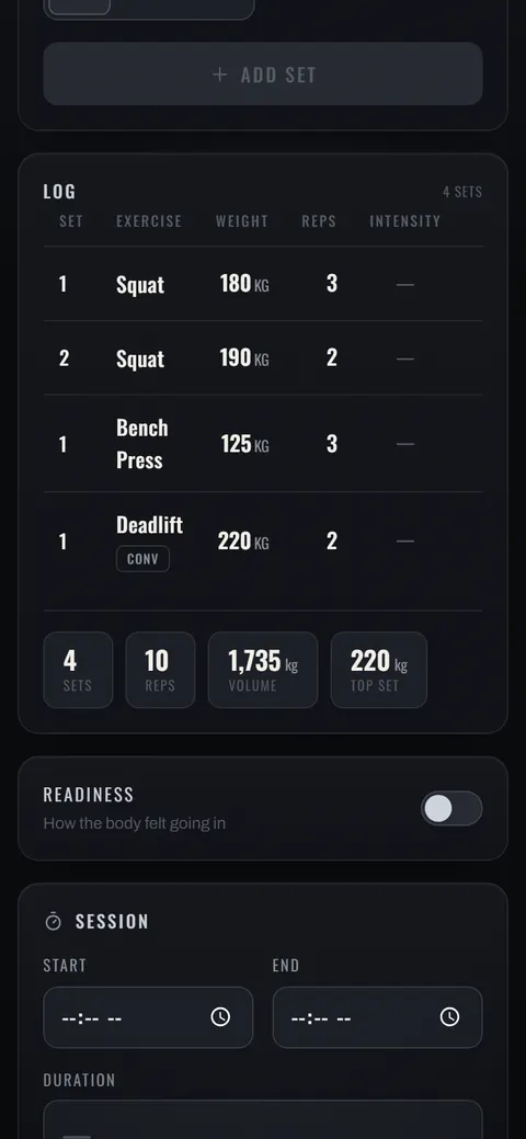 Ironlog workout log on a phone: squat, bench and deadlift sets with volume and top set totals