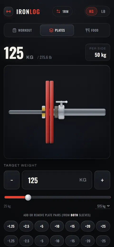 Ironlog plate loader on a phone showing a 125 kg barbell loaded with red plates