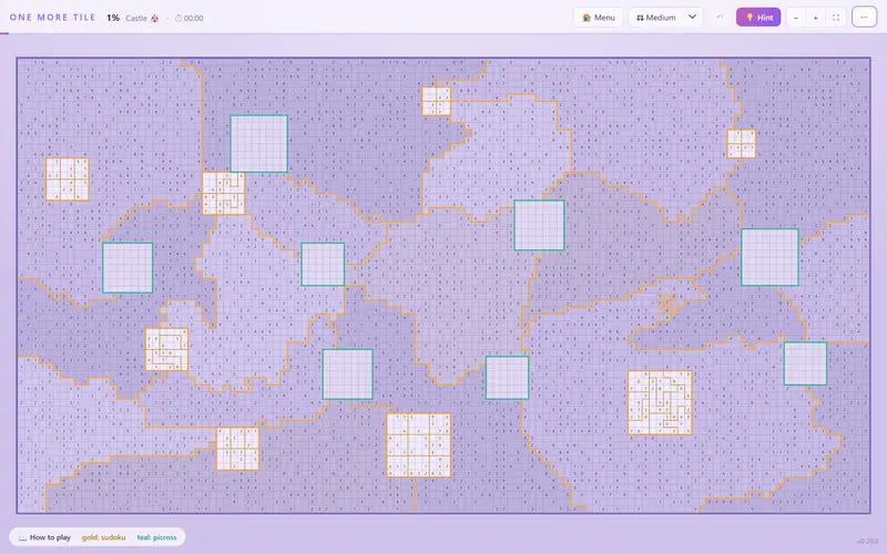 One More Tile puzzle board with fill-a-pix clues, sudoku patches outlined in gold and picross patches in teal